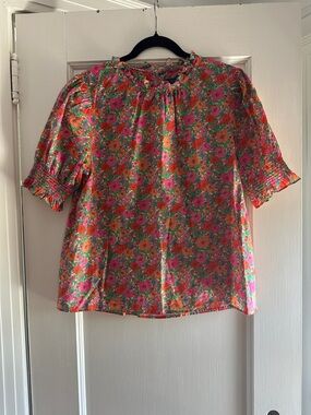 J. Crew Floral Puff-Sleeve Blouse in Pink & Orange- Liberty Print